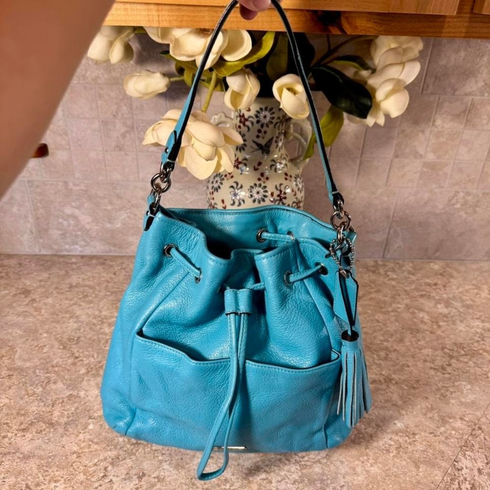 2014 Coach Legacy Drawstring Bucket Bag Turquoise Blue Leather Shoulder Purse